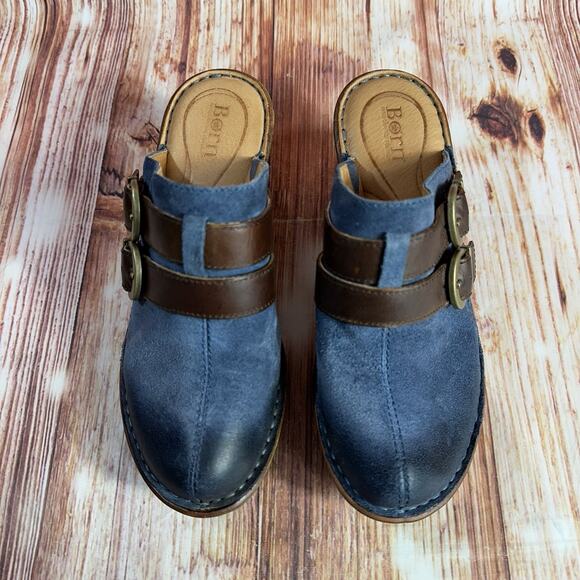 Born Sz 7 Blue Suede Leather Buckle Slide On Chunky Block Heel Clogs Mules Shoes - Picture 3 of 11